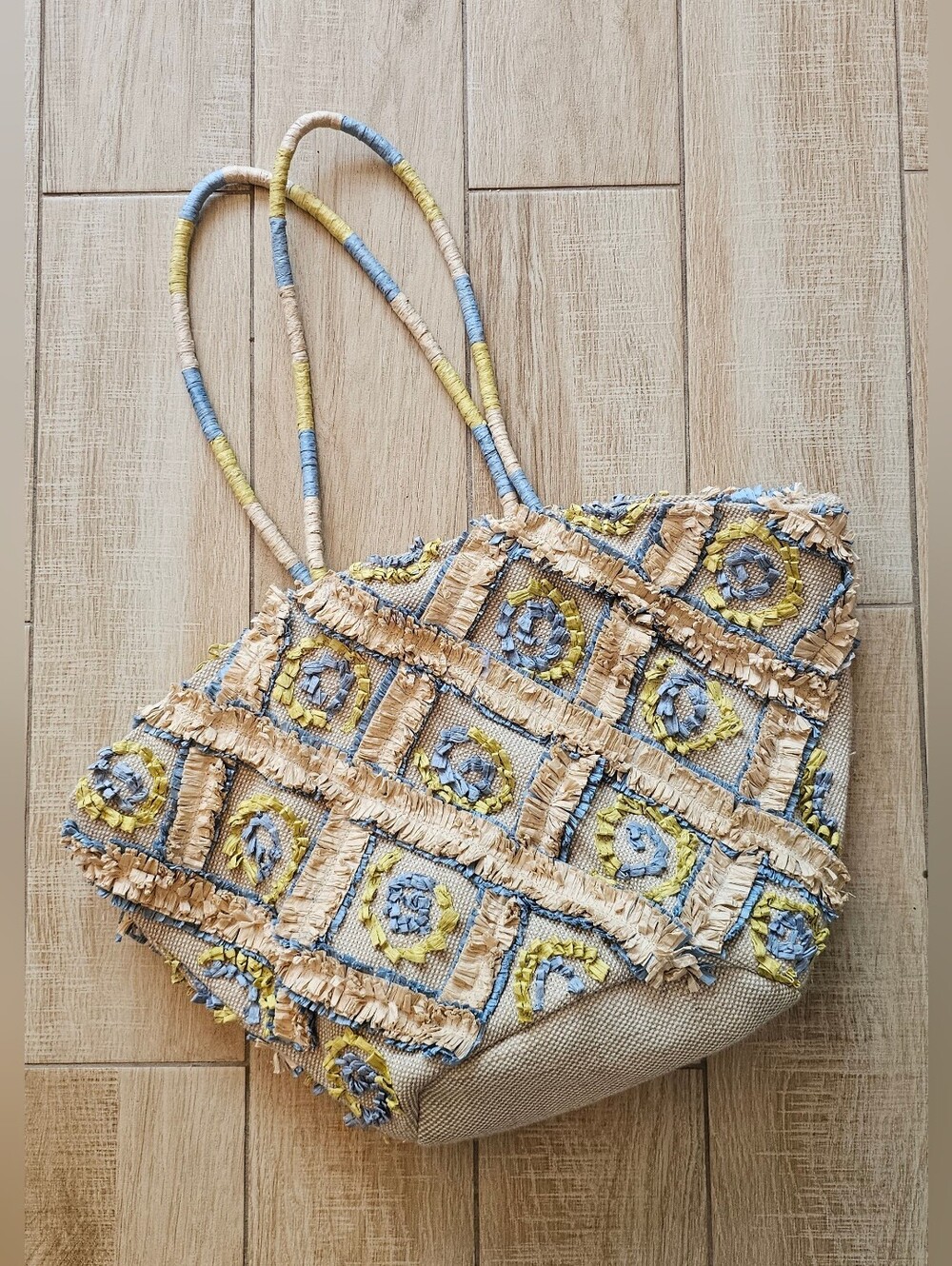 Boho Raffia Straw Tote Bag Embroidered Jute Cotton Beach Handbag Yellow Blue Lg